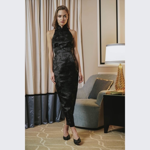 ✨sold✨ sau lee • jill chinese jacquard cheongsam high neck midi pencil dress - Picture 6 of 10